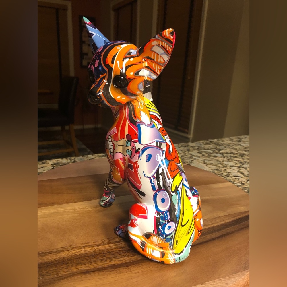 Sculpture; Water Transfer Resin; Chihuahua; Graffiti Motif; 9.8”Tx6.3”Lx5.5”W - Picture 2 of 6